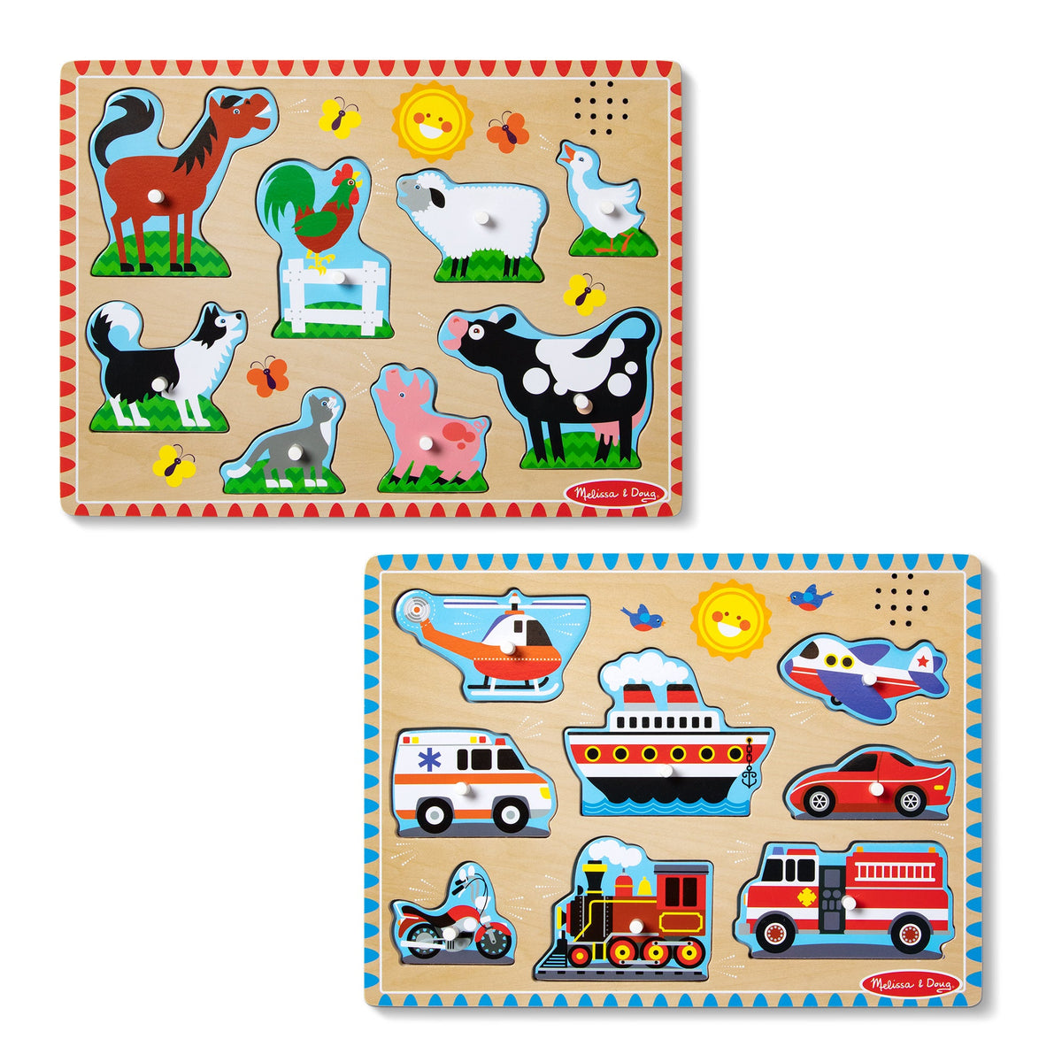 Melissa and Doug Wooden Sound Puzzle 2-Pack Farm Animals Vehicles