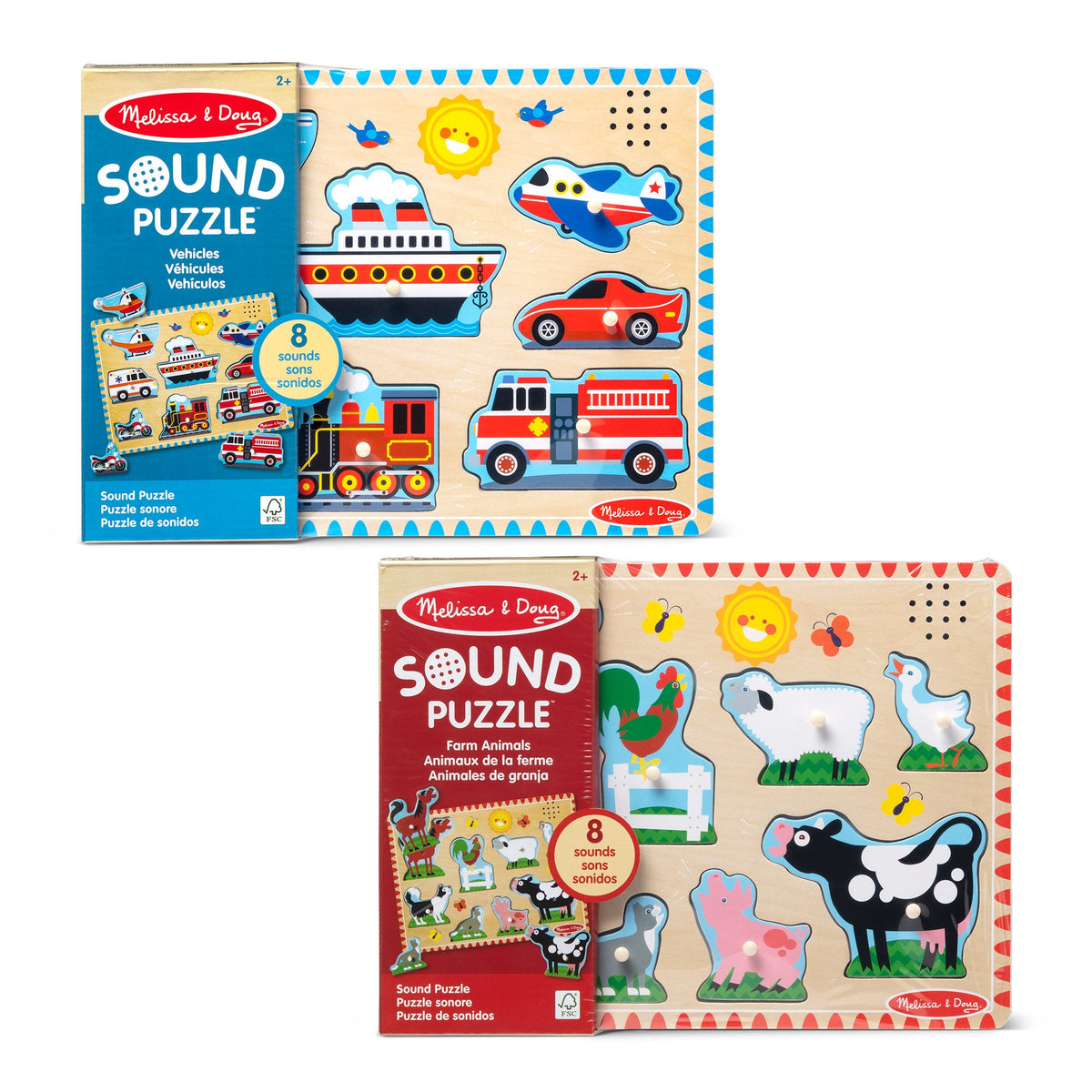 Melissa and Doug Wooden Sound Puzzle 2-Pack Farm Animals Vehicles