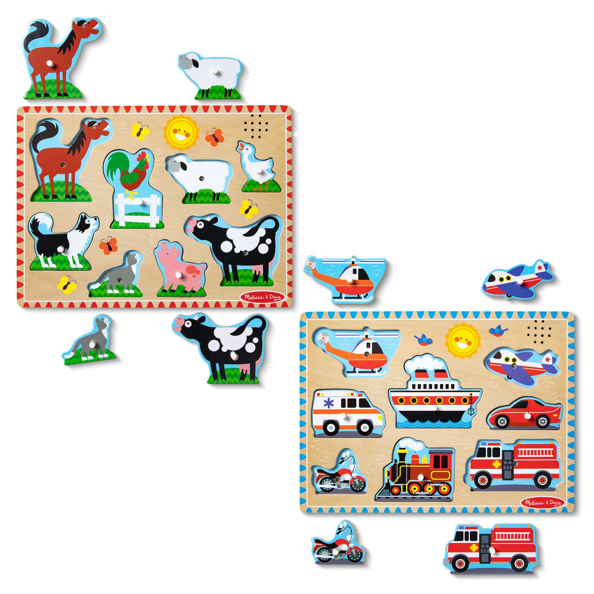 Melissa and Doug Wooden Sound Puzzle 2-Pack Farm Animals Vehicles